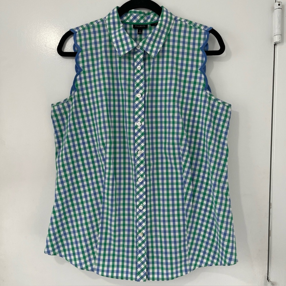 Talbots 12 Green Blue Gingham Plaid Sleeveless Scallop Shoulder Non Iron Blouse